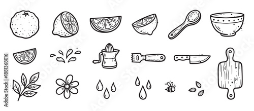 Hand-drawn set of lemon and kitchen icons including a juicer, knife, cutting board, and citrus fruit slices in a black and white doodle style illustration for culinary concepts