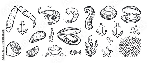 Hand-drawn black and white collection of seafood and nautical elements, featuring a crab leg, shrimp, octopus tentacle, clam, mussel, and anchor in a rustic sketch style