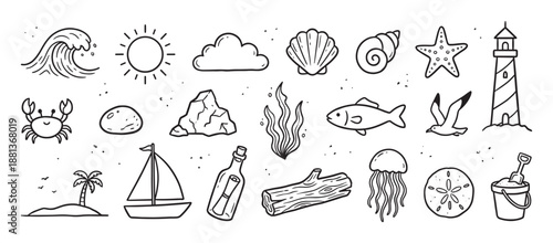 Collection of hand-drawn beach and sea icons featuring a wave, sun, crab, sailboat, and lighthouse in a simple black and white doodle style for summer vacation concepts