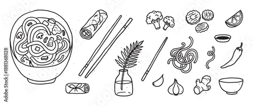 Collection of hand-drawn Asian food elements including a bowl of noodles, spring rolls, chopsticks, and fresh ingredients in a simple black and white line art doodle style illustration set