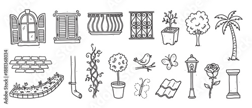 Set of hand-drawn doodle illustrations featuring architectural and garden elements like windows, balconies, plants, flowers, and a street lamp in a charming, simple line art style