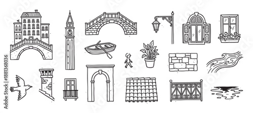 Collection of hand-drawn doodle illustrations representing a charming European city with iconic architectural elements like a bridge, canal boat, bell tower, and windows