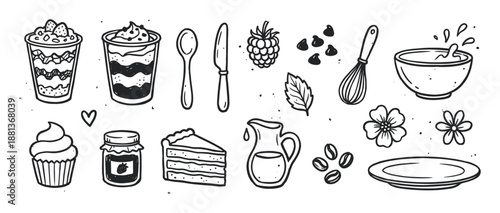 Hand-drawn black and white dessert illustrations set with cake, cupcake, coffee, and berries in a cute doodle sketch style for cafe menus or bakery branding concepts
