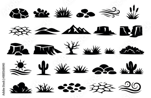 Silhouette nature elements set featuring mountains, rocks, plants, and natural landforms for environment and game design