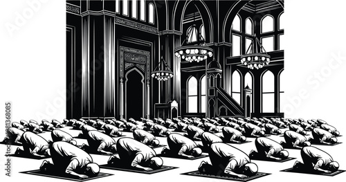Muslim prayer with people inside a mosque, religious gathering