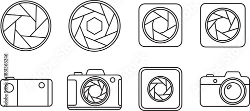 Set of eight camera and aperture icons for photography and video