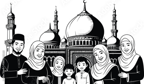 Muslim family with mosque, celebration of Eid al-Fitr, Ramadan Kareem