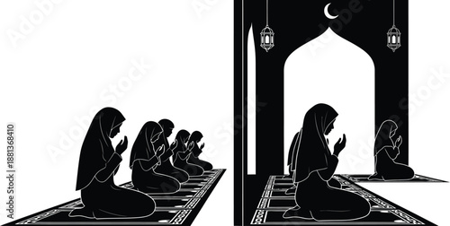 Muslim women praying, mosque silhouette with crescent moon, religion