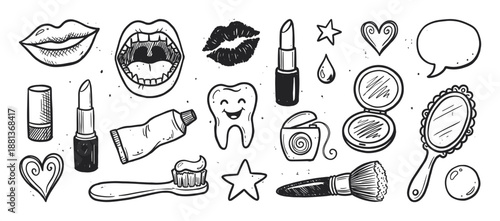 Set of hand-drawn doodle illustrations featuring cosmetics and dental hygiene items like lipstick, a tooth, a toothbrush, a mirror, and a makeup brush in a black and white sketch style