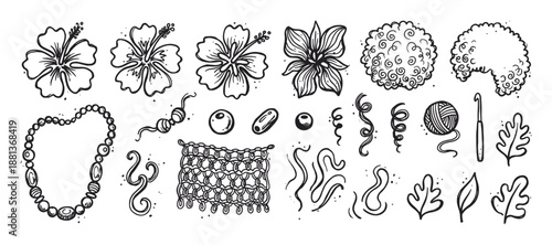 Set of hand-drawn doodle illustrations featuring hibiscus flowers, curly hair, macrame, beads, and crochet elements in a black and white ink sketch style for creative design