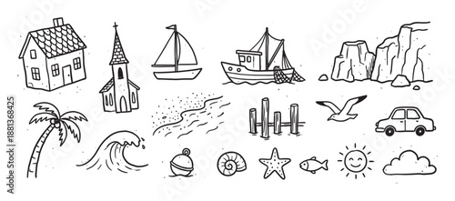 Collection of hand-drawn seaside doodle icons featuring a house, church, boats, palm tree, and marine life in a simple black and white line art style for summer vacation themes