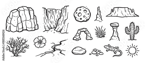 Set of hand-drawn desert icons in a simple monochrome line art style showing a canyon, cactus, lizard, rock formations, sun, and other nature elements for a western theme