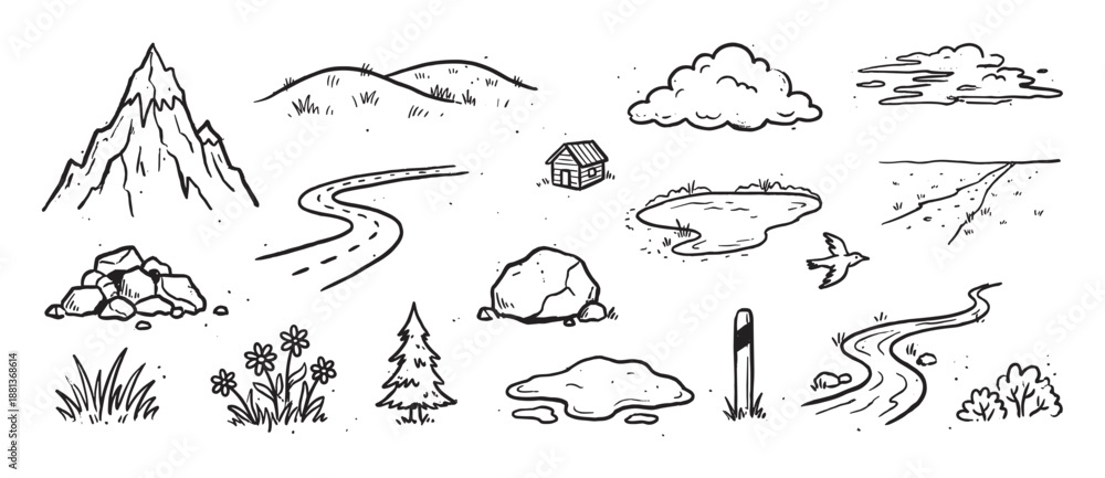 Fototapeta premium Set of hand-drawn nature landscape elements including a mountain, road, river, clouds, and trees in a simple black and white doodle style for creating custom scenes or maps