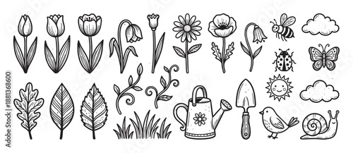 Hand-drawn collection of spring and garden doodles featuring flowers, insects, and tools in a cute black and white line art illustration style