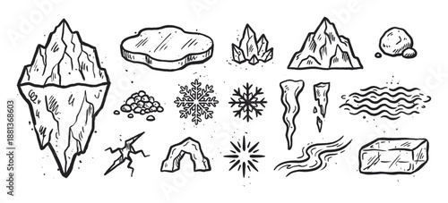 Set of hand-drawn black ink illustrations featuring various winter and ice elements like an iceberg, snowflakes, crystals, and icicles in a vintage doodle sketch style