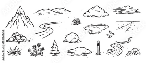 Set of hand-drawn nature landscape elements including a mountain, road, river, clouds, and trees in a simple black and white doodle style for creating custom scenes or maps