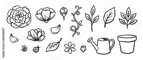 Hand drawn black and white gardening doodles featuring flowers, leaves, a watering can, pot, and insects in a cute, simple line art illustration set for spring and nature concepts