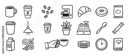 Hand-drawn coffee shop doodle icon set featuring a mug, to-go cup, croissant, donut, coffee maker, and other cafe elements in a simple black and white line art illustration style