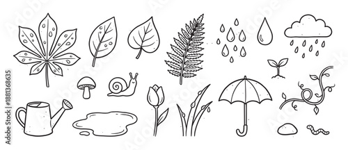 Set of hand-drawn doodle illustrations of spring and rainy weather elements including a cloud, umbrella, watering can, leaves, snail, and mushroom in a simple line art style