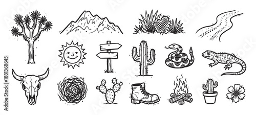 Set of hand-drawn desert themed illustrations featuring a cactus, snake, bull skull, mountain, sun, and campfire in a sketchy black and white ink doodle style with a vintage feel