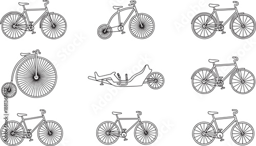 Bicycle line art icons set vintage modern transportation sport active lifestyle
