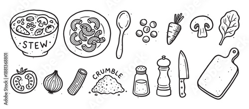 Set of hand-drawn food and cooking icons including stew, pasta, vegetables, and kitchen utensils in a simple black and white doodle style for culinary design elements