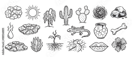 Set of hand-drawn black and white icons representing drought, desert life, and aridity, featuring a cactus, lizard, cracked earth, and a wilted plant in a sketch style