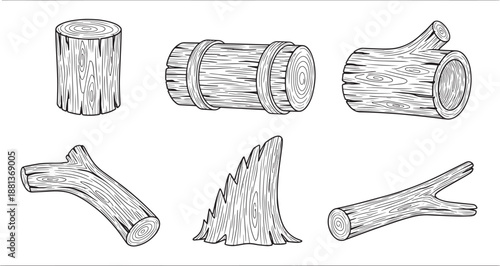wood logs set, natural lumber trunks and branches in line art style