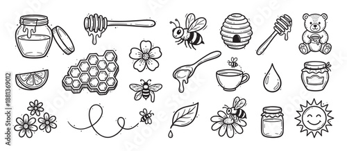 Hand drawn honey and bee doodle icons set in a cute black and white sketch style, featuring a jar, honeycomb, beehive, flower, bear, and other sweet natural food elements