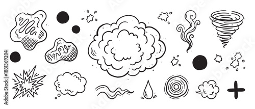 Hand-drawn set of various comic book elements like explosions, clouds, smoke, tornado, and abstract shapes in a black and white sketchy doodle style illustration