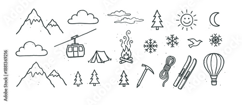 Hand-drawn doodle icon set of mountain adventure and winter sports with a tent, campfire, skis, and cable car, illustrated in a simple black and white line art style