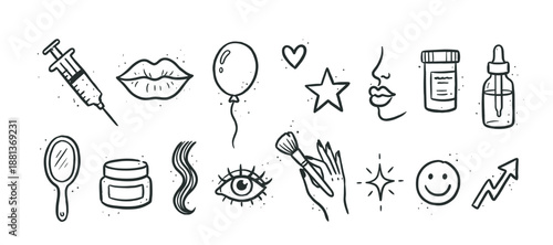 Hand-drawn black line art icons set for cosmetology, beauty procedures, and makeup application, featuring a syringe, lips, serum, and cream in a minimalist doodle style illustration