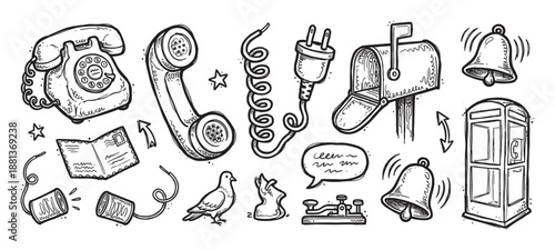 Collection of hand-drawn communication icons in a retro doodle style, featuring a vintage rotary phone, mailbox, carrier pigeon, telegraph, and public phone booth