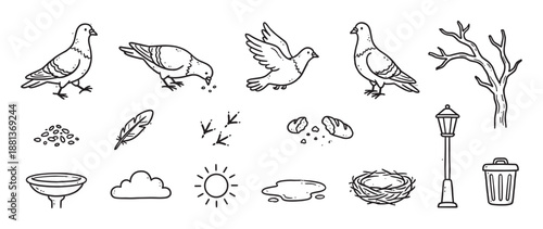 Black and white doodle icon set featuring city pigeons in various poses with urban park items like a nest, lamppost, trash can, and bare tree, drawn in a simple sketch style