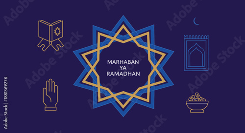 A vibrant illustration celebrating the holy month of Ramadan, featuring traditional Islamic symbols, a welcoming message, and a serene blue background.