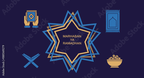 This elegant flat-design illustration beautifully portrays the spiritual essence of Ramadan, featuring iconic Islamic symbols.