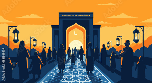 A beautiful illustration depicts a diverse community walking towards an illuminated archway under a warm sunset sky, symbolizing the spiritual journey and unity of Ramadan.