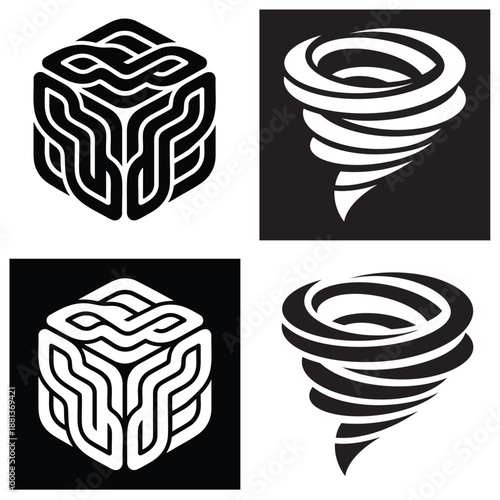 Abstract Geometric Cube and Tornado Logo Set in Black and White Minimal Vector Design