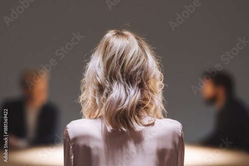 Wallpaper Mural Woman facing two indistinct figures across a lit surface during a formal interaction Torontodigital.ca