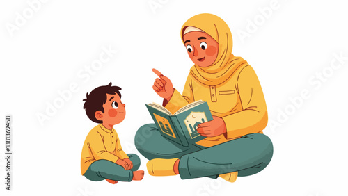 A woman and a boy reading