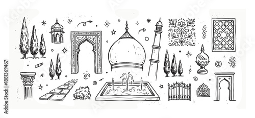Hand-drawn doodle set of Islamic architecture featuring a mosque dome, minaret, ornate arches, a fountain, and garden elements in a simple black and white ink sketch style