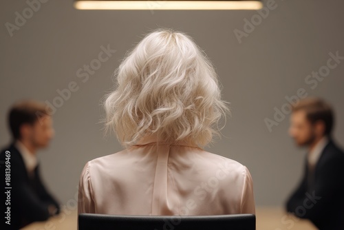 Wallpaper Mural One individual with light hair faces two seated men across a table in a formal setting Torontodigital.ca