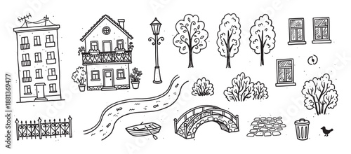 Black and white hand-drawn collection of city and park elements including houses, trees, a river, and a bridge in a cute doodle sketch style showing various urban objects