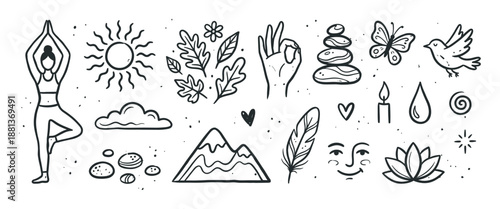 Collection of hand-drawn doodle icons for yoga, meditation, and nature, a minimalist black and white line art set with a lotus, sun, balancing stones, and a woman in a tree pose