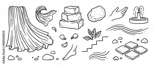 Collection of hand-drawn black line art illustrations featuring ancient classical elements like a fountain, stone blocks, draped fabric, and botanical details in a simple doodle style