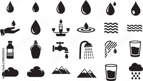 Water related icons set depicting nature shower and hydration concept