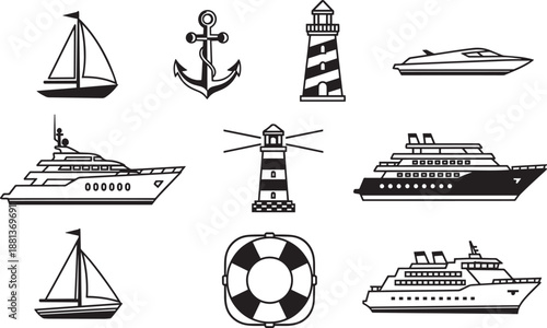 Nautical maritime icons set for sea travel and navigation