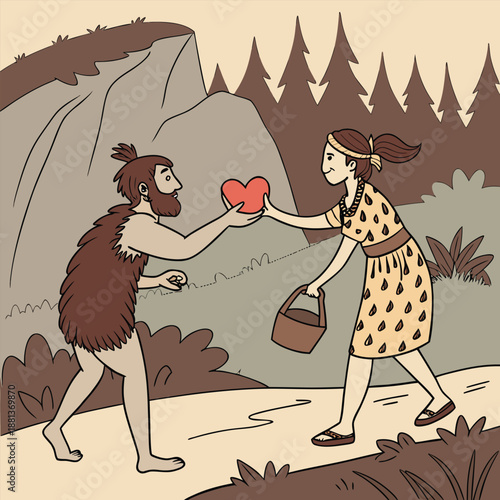Caveman giving heart to woman in nature.