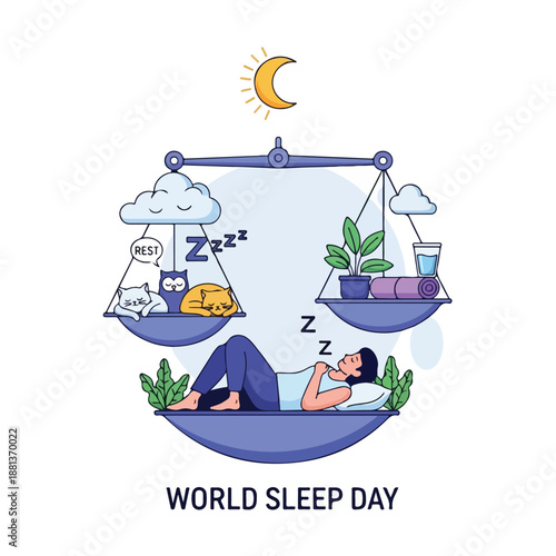 A woman sleeps on a scale balancing rest and wellness