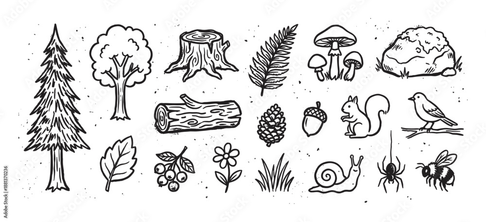 Fototapeta premium Set of black and white forest illustrations with a hand-drawn, rustic doodle style, including a squirrel, bird, mushroom, pine tree, snail, and other woodland elements